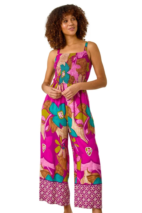 Roman Purple Floral Border Ruched Jumpsuit - 010 Image 1
