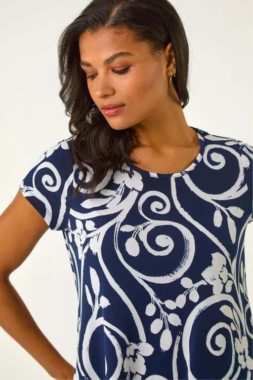 Roman Navy Floral Print Hanky Hem Tunic Top - 018 Image 4