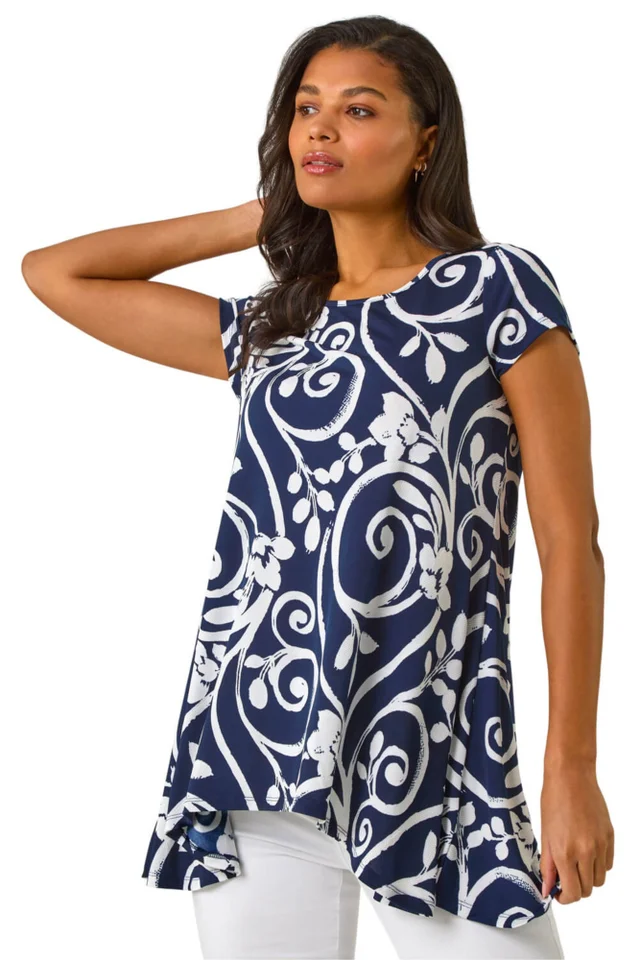 Roman Navy Floral Print Hanky Hem Tunic Top