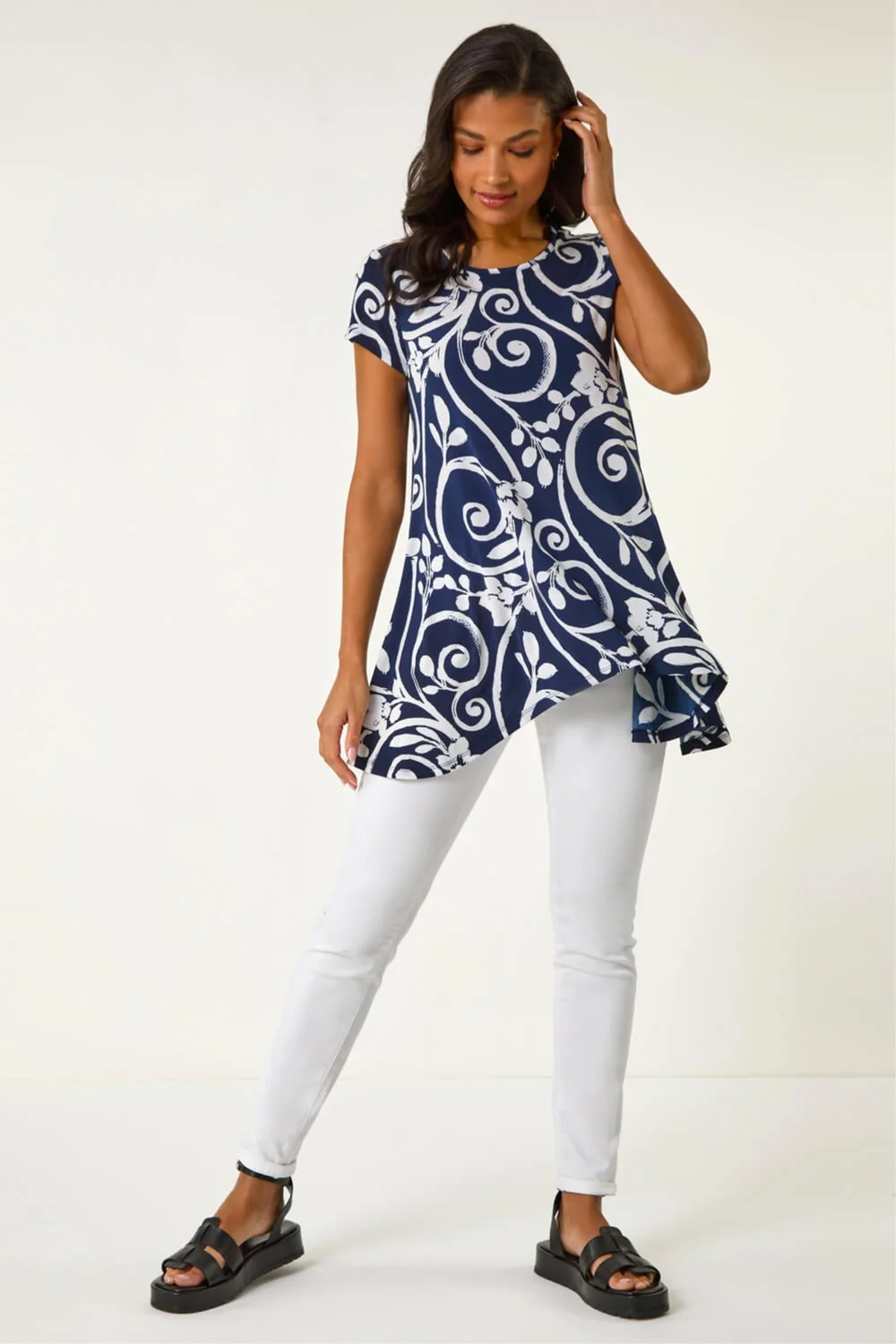 Roman Navy Floral Print Hanky Hem Tunic Top - 018 Image 2