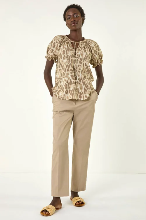 Roman Taupe Animal Print Tie Neck Top - Size 20 Image 4