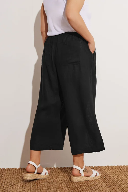 Yours Curve Black Wide Leg Ankle Grazer Linen Trousers - 16 Image 4