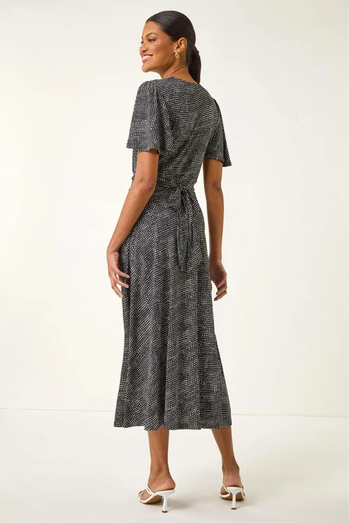 Roman Black Spot V-Neck Midi Wrap Dress - 20 Image 3
