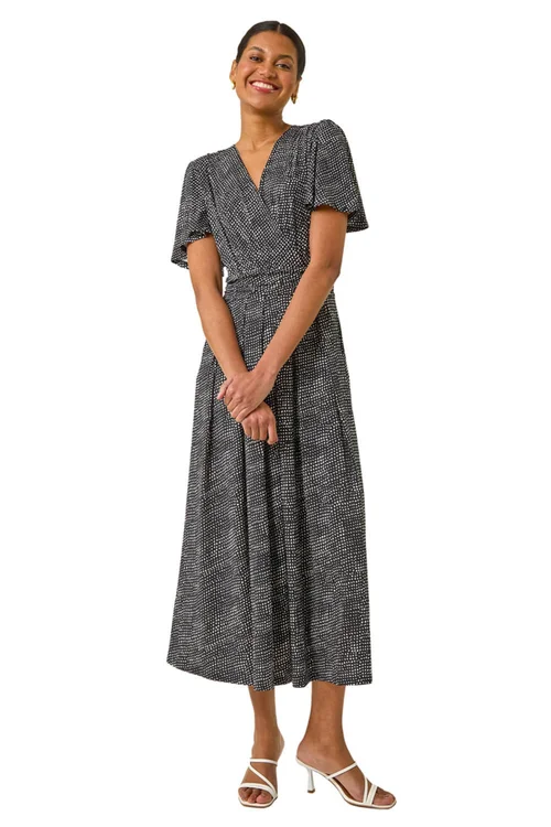 Roman Black Spot V-Neck Midi Wrap Dress - 20 Image 2