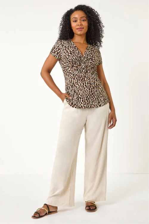 Roman Brown Petite Animal Print Knot Stretch Top - 14 Image 2
