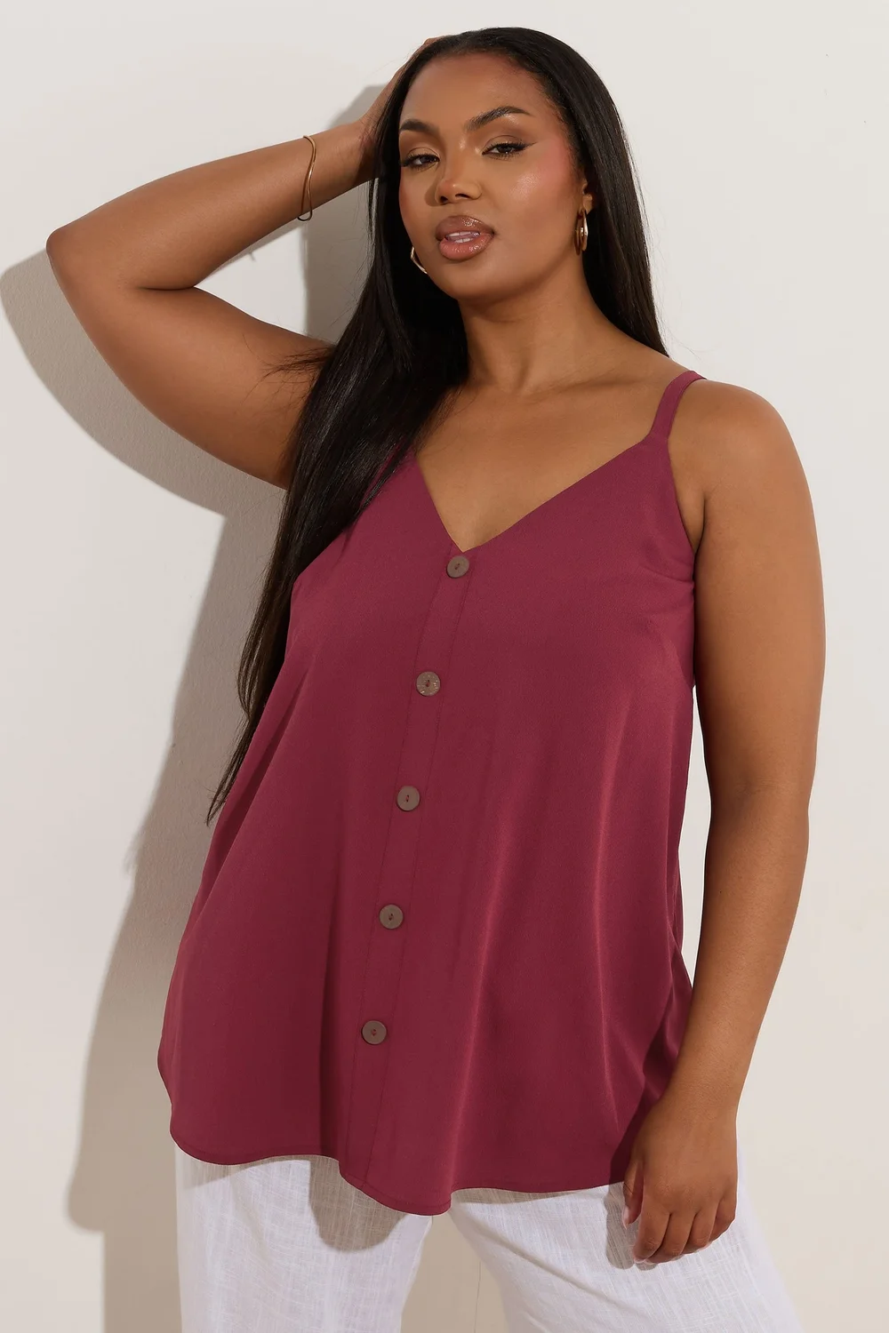 Yours Curve Dark Red Button Front Cami Top - Size 18 Image 1