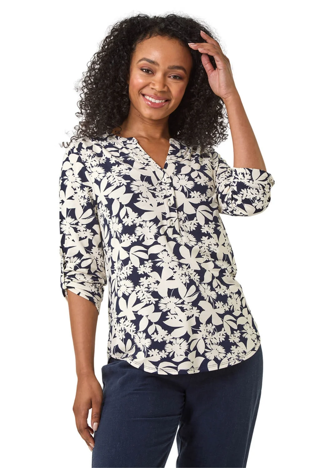 Roman Navy Petite Floral Print Button Through Shirt - Size 8 Image 1