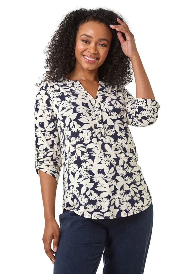 Roman Navy Petite Floral Print Button Through Shirt