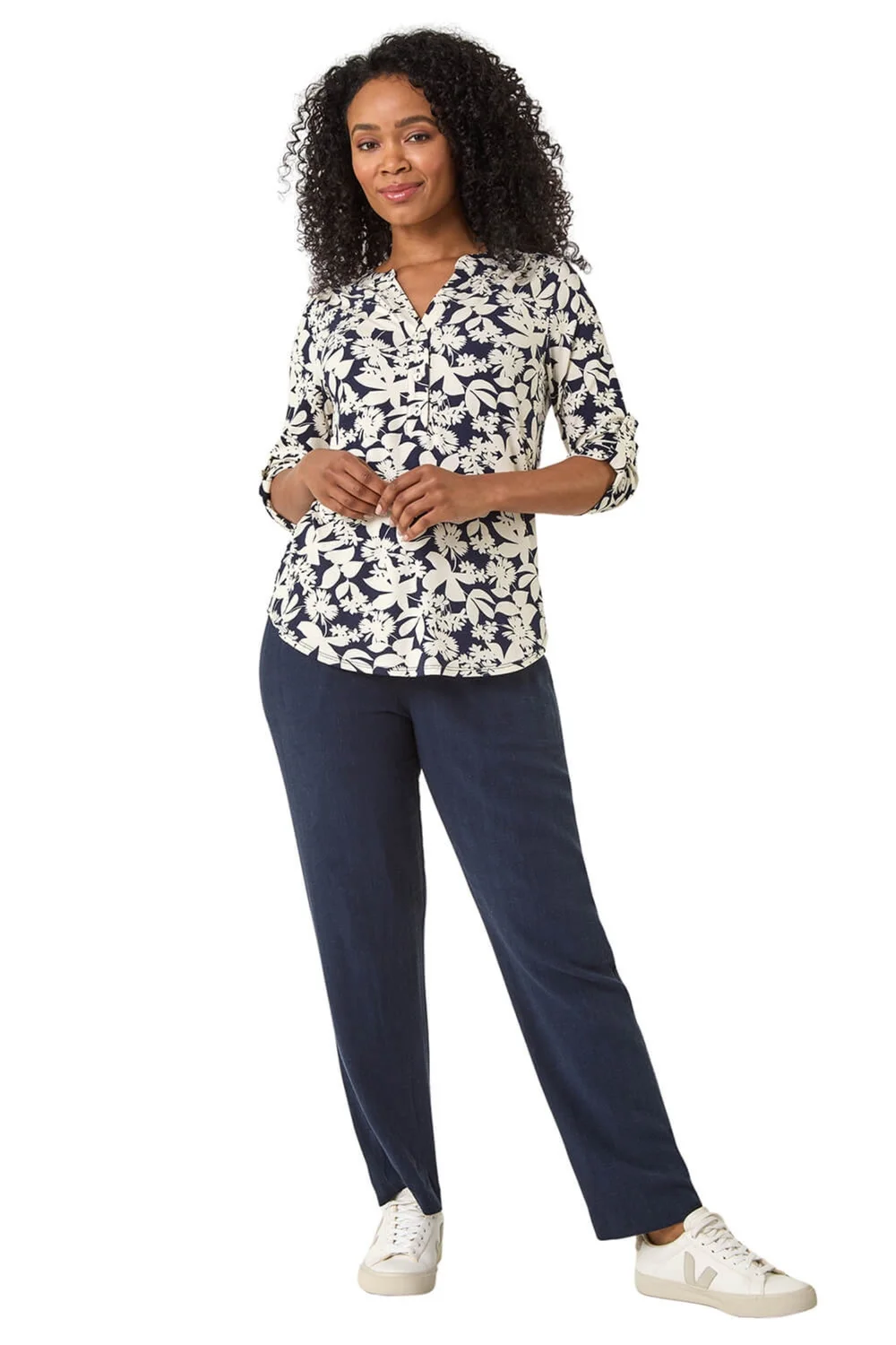 Roman Navy Petite Floral Print Button Through Shirt - Size 8 Image 2