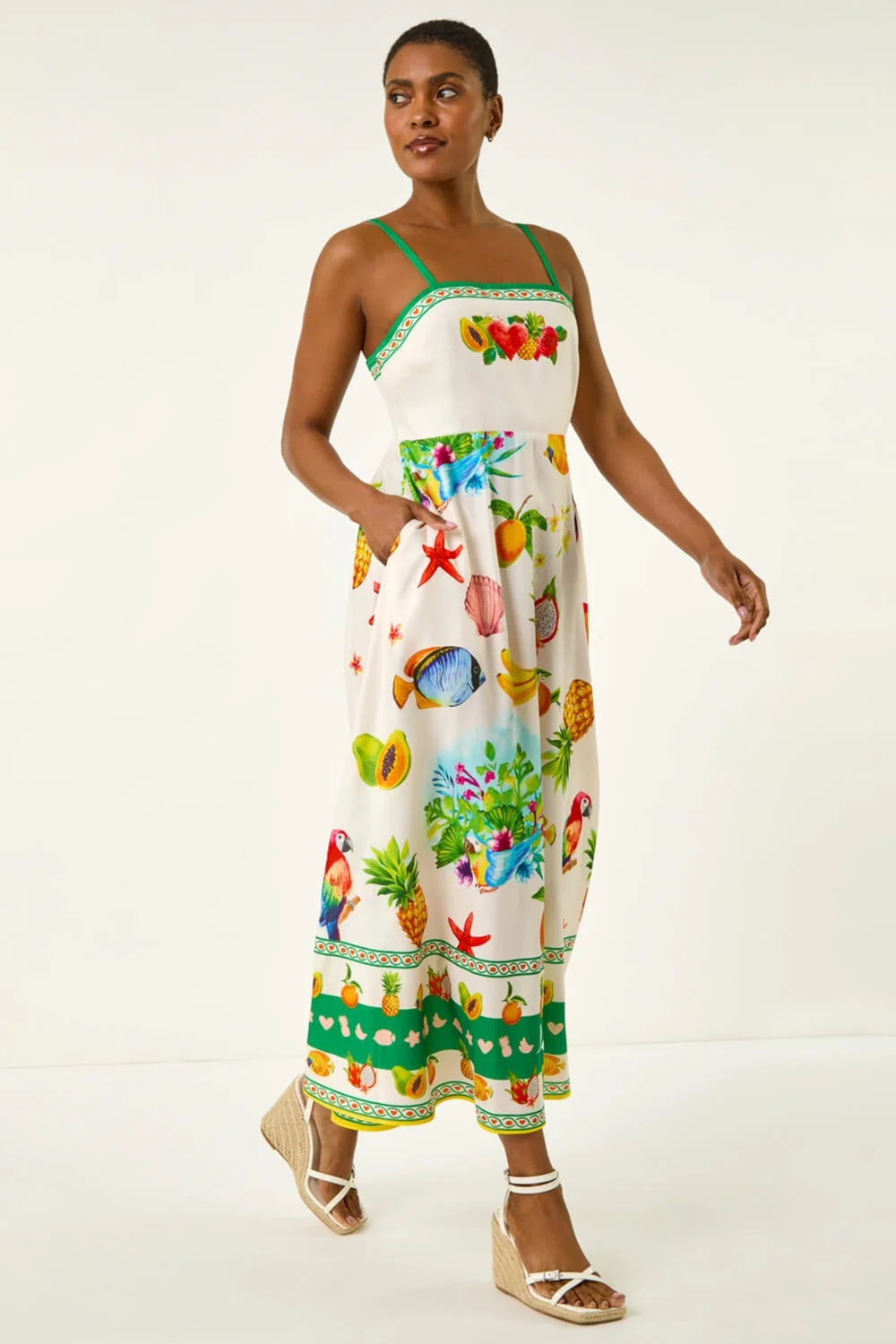 Roman Ivory Fruit Print Strap Detail Midi Dress - 14 Image 3