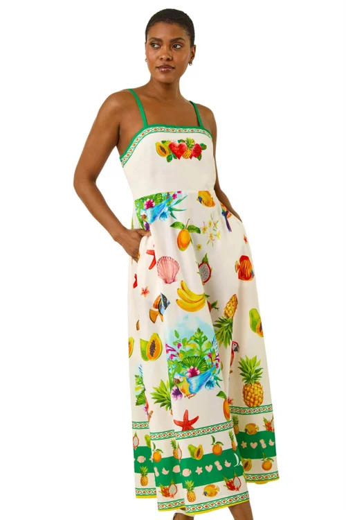 Roman Ivory Fruit Print Strap Detail Midi Dress - 14 Image 1