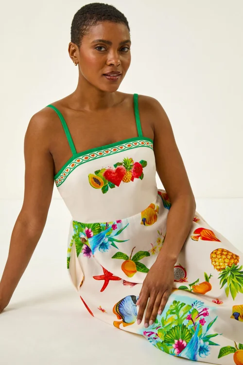 Roman Ivory Fruit Print Strap Detail Midi Dress - 14 Image 2