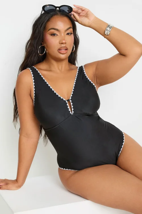 Yours Curve Black Contrast Blanket Stitch Plunge Swimsuit - Size 20 Image 2