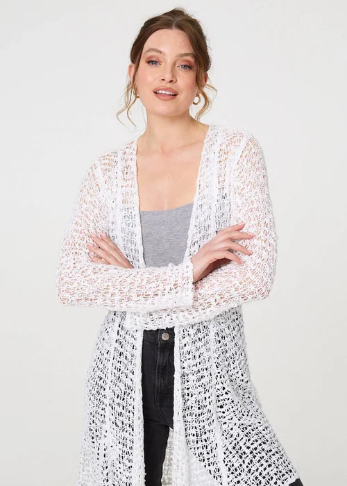 Izabel London White Crochet Knit Longline Waterfall Cardigan - One Size Image 1