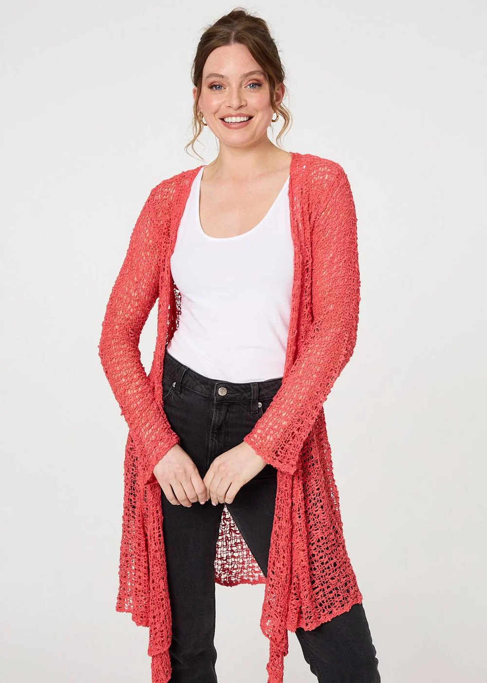 Izabel London Coral Crochet Knit Longline Waterfall Cardigan - One Size Image 1