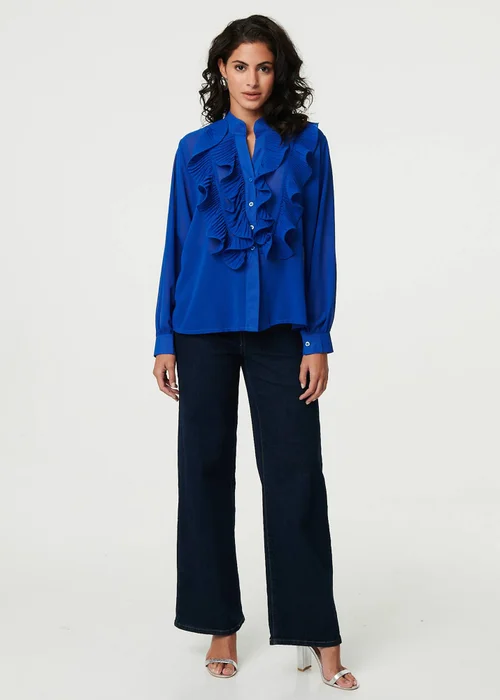 Izabel London Blue Ruffled Long Sleeve Semi Sheer Blouse - 14 Image 4