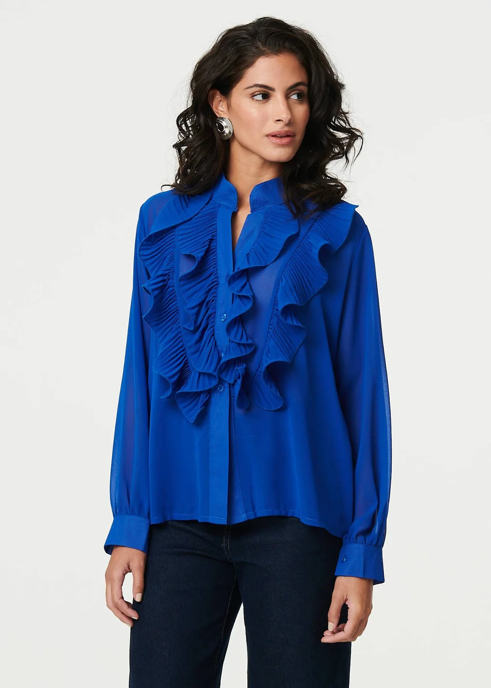 Izabel London Blue Ruffled Long Sleeve Semi Sheer Blouse - 14 Image 1