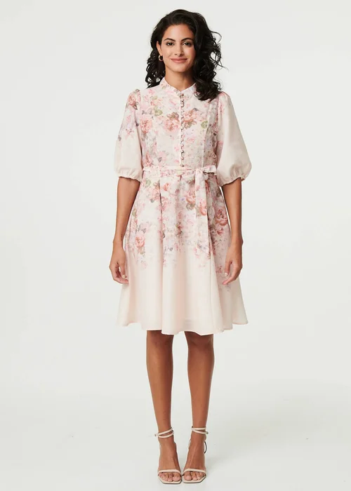 Izabel London Cream Floral 3/4 Puff Sleeve Knee Length Dress - 12 Image 4