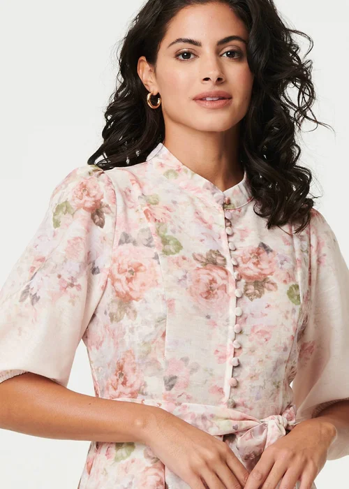 Izabel London Cream Floral 3/4 Puff Sleeve Knee Length Dress - 12 Image 3