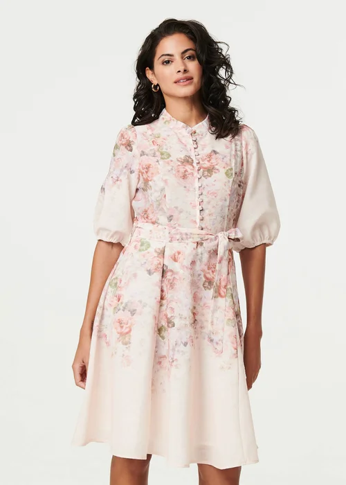 Izabel London Cream Floral 3/4 Puff Sleeve Knee Length Dress - 12 Image 1
