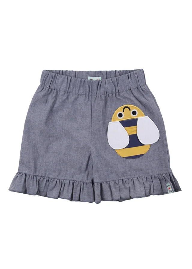 Lilly & Sid Organic Cotton Blue Busy Bee Applique Shorts (24 Months- 8 Years)