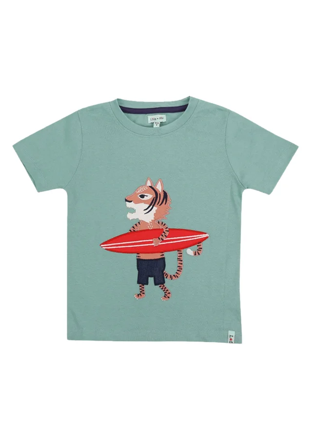 Lilly & Sid Organic Cotton Blue Surfing Tiger Print T-Shirt (24 Months- 8 Years)