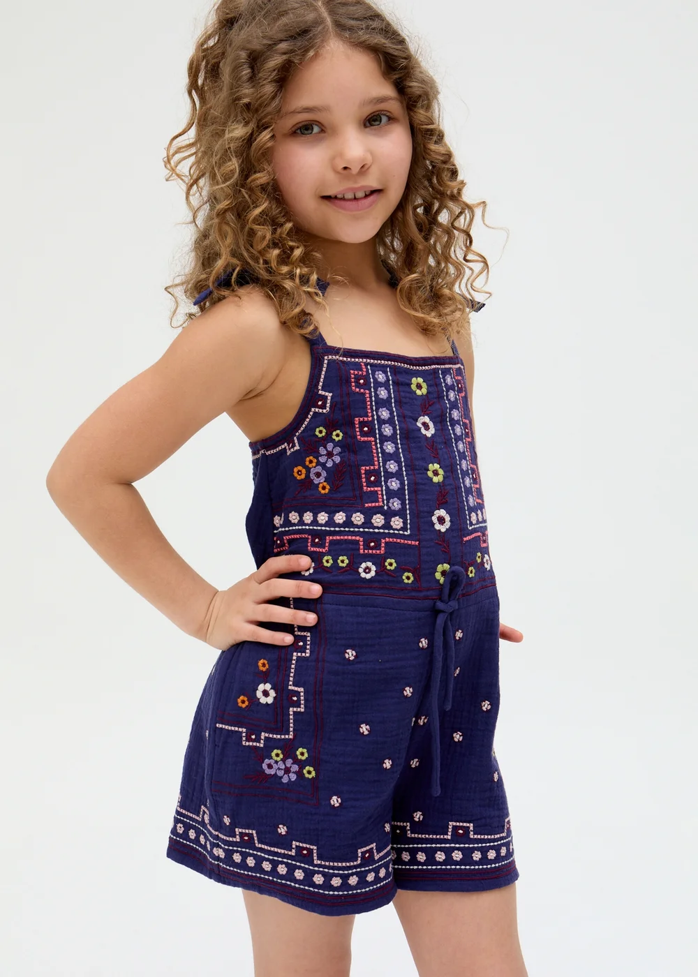 Raffya Kids Navy Sailor Necktie All Over Embroidered Playsuit (3-9 Years) - Age 3 Years Image 1