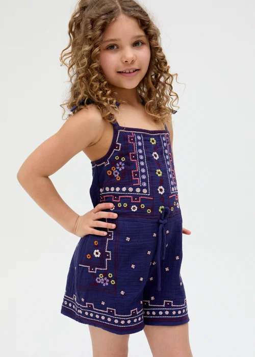 Raffya Kids Navy Sailor Necktie All Over Embroidered Playsuit (3-9 Years) - Age 3 Years Image 1