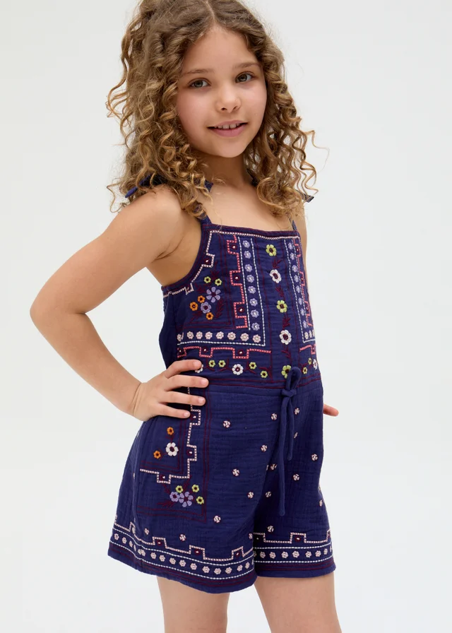 Raffya Kids Navy Sailor Necktie All Over Embroidered Playsuit (3-9 Years)