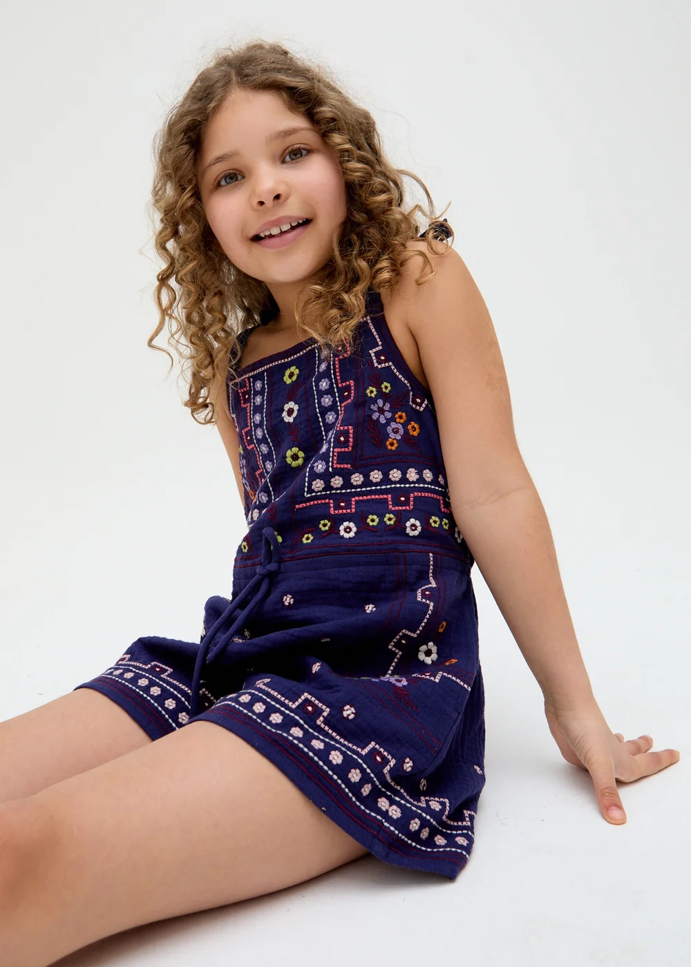 Raffya Kids Navy Sailor Necktie All Over Embroidered Playsuit (3-9 Years) - Age 3 Years Image 2