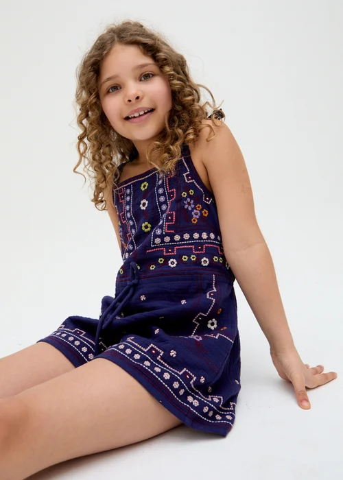 Raffya Kids Navy Sailor Necktie All Over Embroidered Playsuit (3-9 Years) - Age 3 Years Image 2