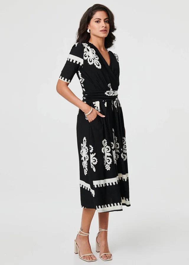 Izabel London Black Ikat Print 1/2 Sleeve Wrap Midi Dress