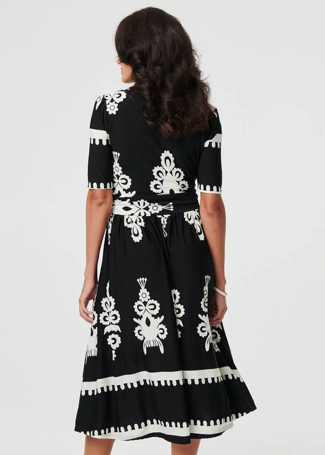 Izabel London Black Ikat Print 1/2 Sleeve Wrap Midi Dress