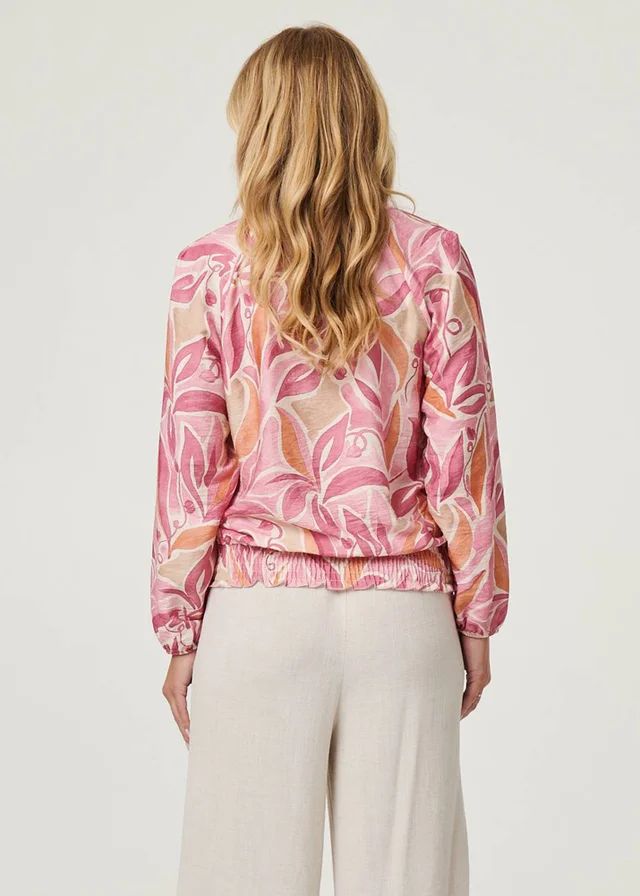 Izabel London Pink Floral Shirred 3/4 Sleeve V-Neck Blouse
