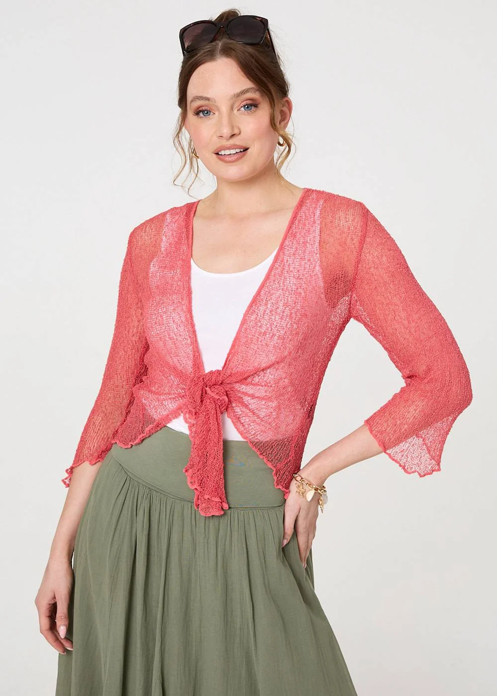 Izabel London Coral Sheer 3/4 Sleeve Open Front Cardigan - One Size Image 1