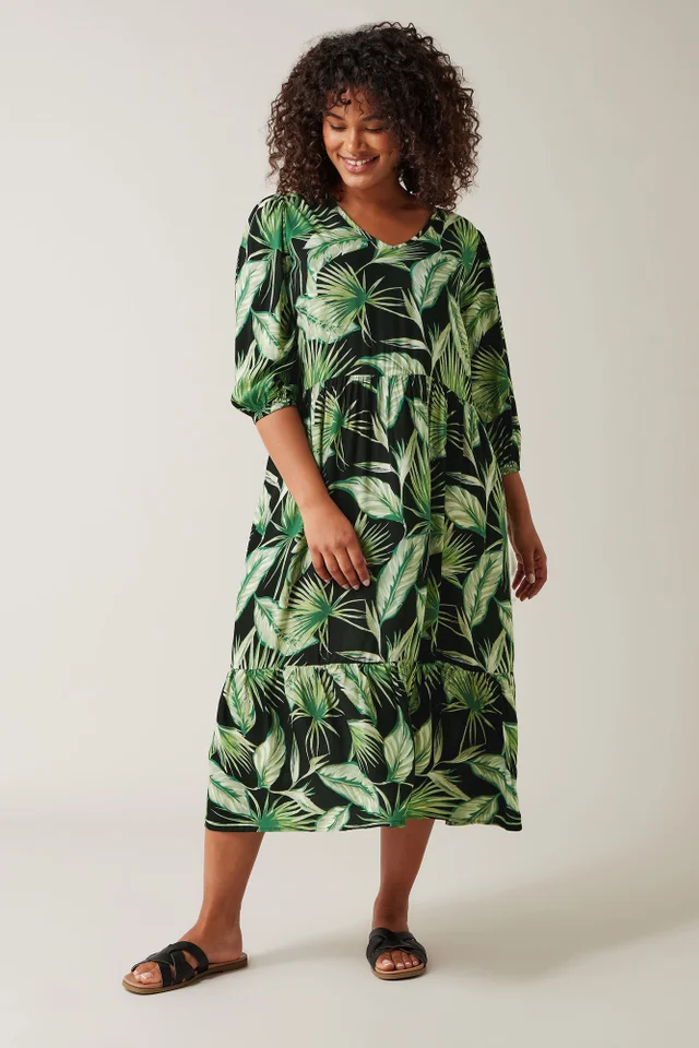 Evans Curve Green Palm Print Tiered Midi Dress