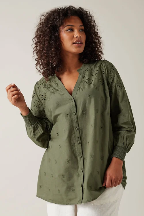 EVANS Curve Khaki Green Broderie Cotton Blouse - Size 18 Image 1