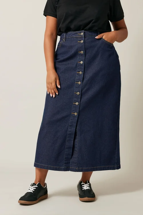 Evans Curve Indigo Blue Button Through Denim Maxi Skirt - Size 22-24 Image 1