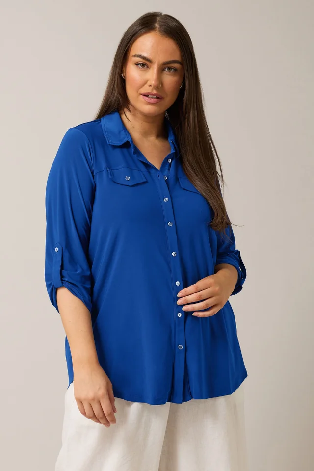EVANS Curve Cobalt Blue Tab Sleeve Blouse