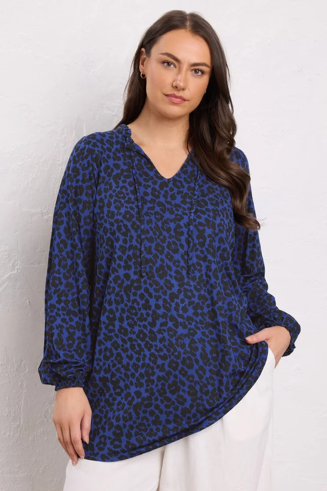 EVANS Curve Blue Animal Print Tie Neck Top