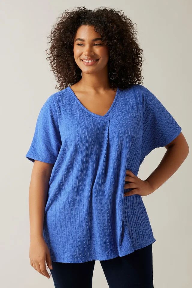 Evans Curve Blue Plisse Pleat Front Top
