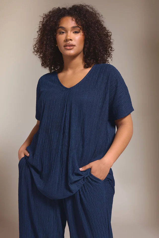 Evans Curve Navy Blue Plisse Pleat Front Top