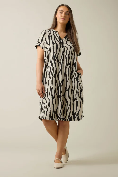 Evans Curve Natural Brown Abstract Print Premium Linen Dress - 20 Image 3