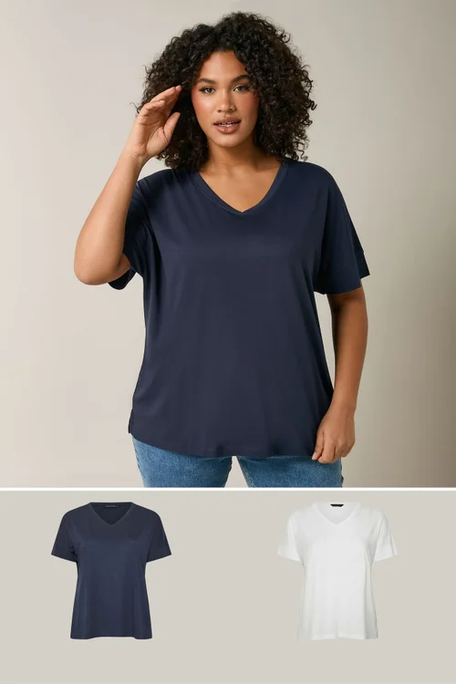 Evans 2 Pack Curve Navy Blue & White V-Neck Modal Rich T-Shirts - Size 26-28 Image 1