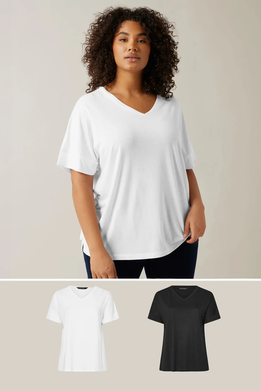Evans 2 Pack Curve White & Black V-Neck Modal Rich T-Shirts - Size 22-24 Image 1