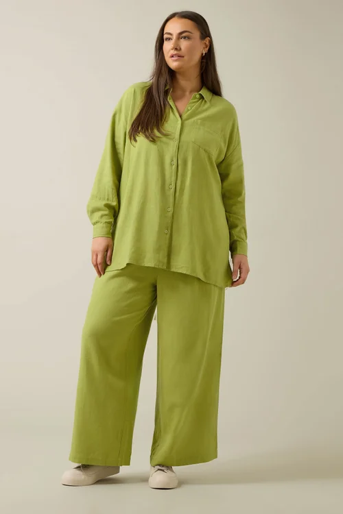 EVANS Curve Chartreuse Green Long Sleeve Premium Linen Shirt - Size 30-32 Image 2