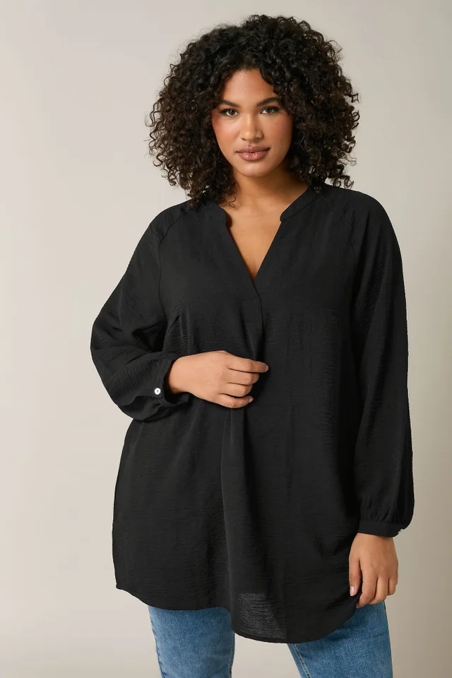 EVANS Curve Black Notch Neck Long Sleeve Blouse