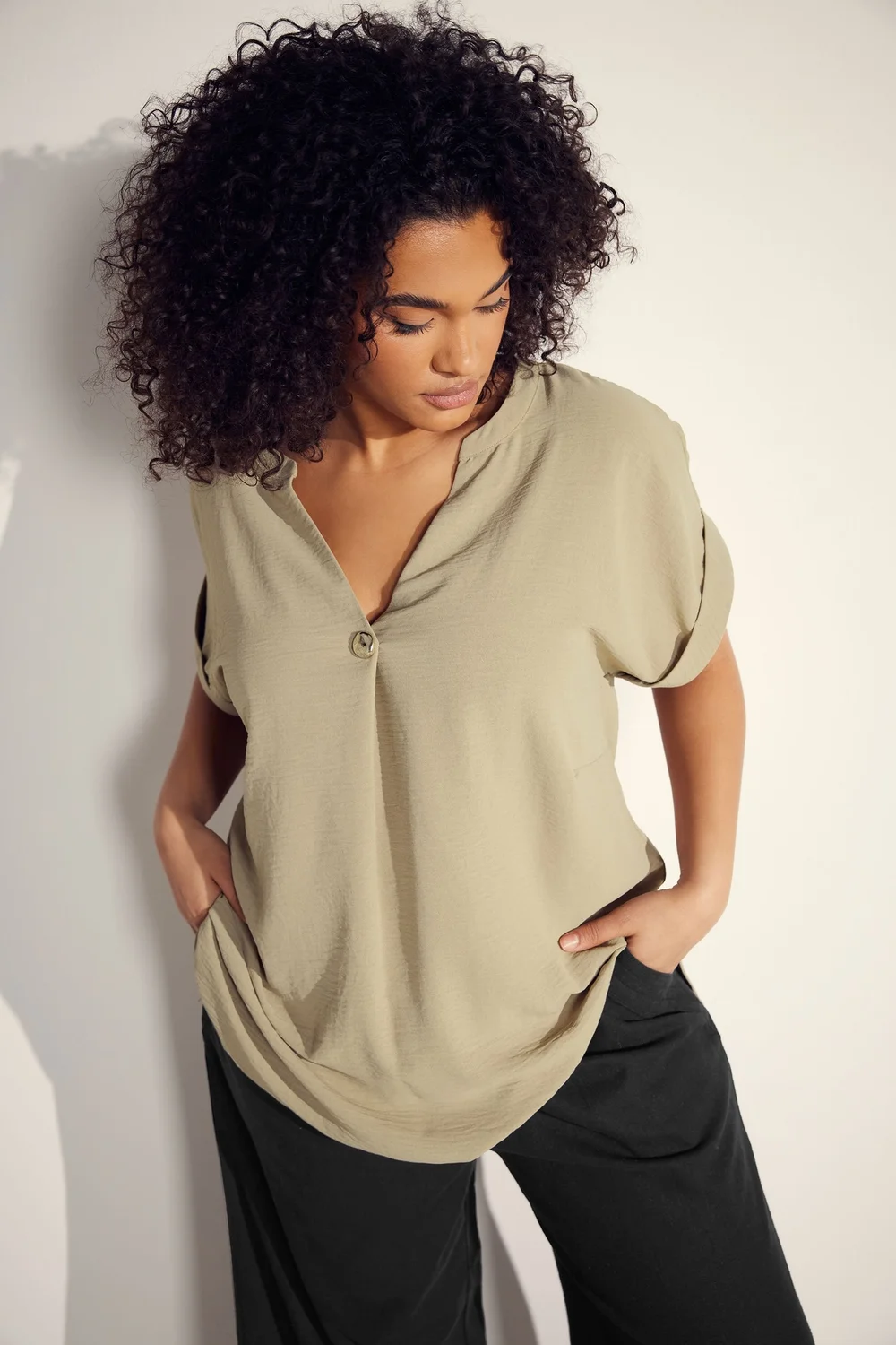 EVANS Curve Natural Brown Button Front Short Sleeve Blouse - Size 22-24 Image 1