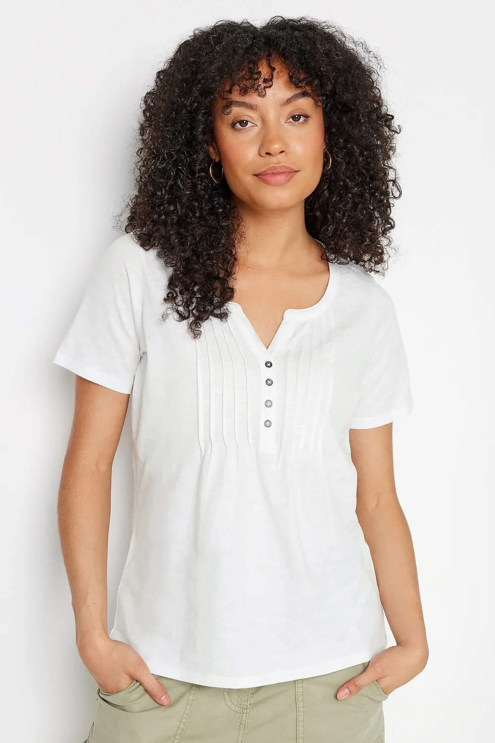 M&Co White Cotton Short Sleeve Henley Top - Size 26-28 Image 1