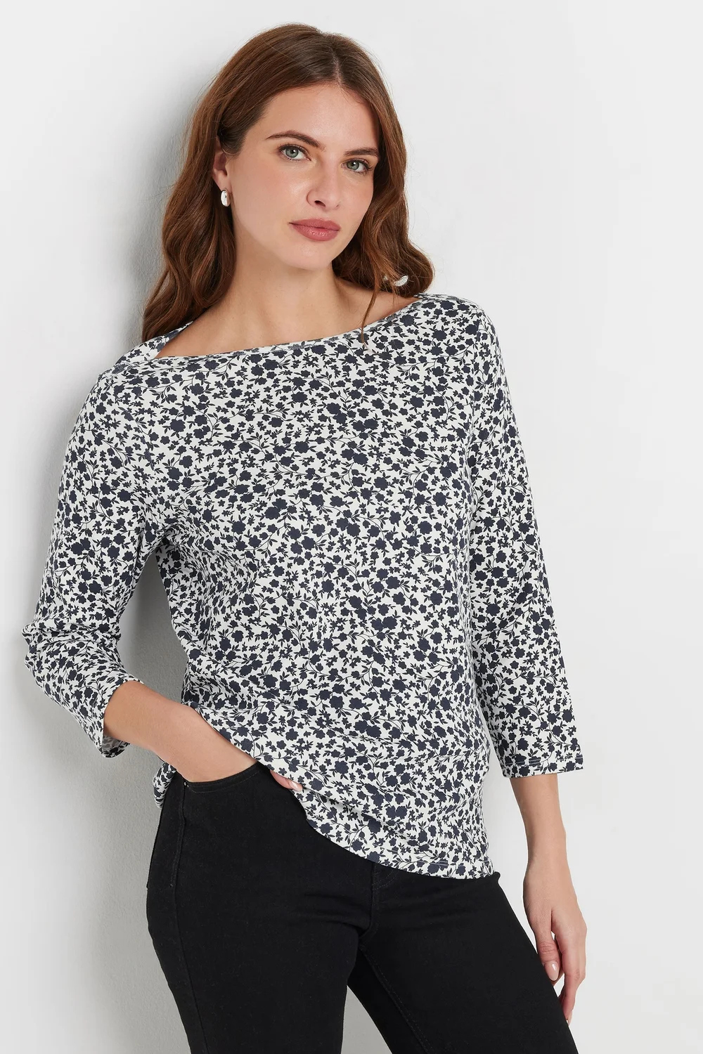 M&Co Navy Blue & White Cotton Ditsy Floral Top - Size 12 Image 1